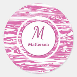 Adesivo Redondo Monograma de Padrão Branco Rosa Moderno Personaliz