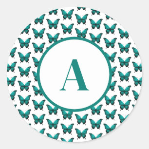 Adesivo Redondo Monograma de Padrão de Borboleta Cuta Teal Moderna