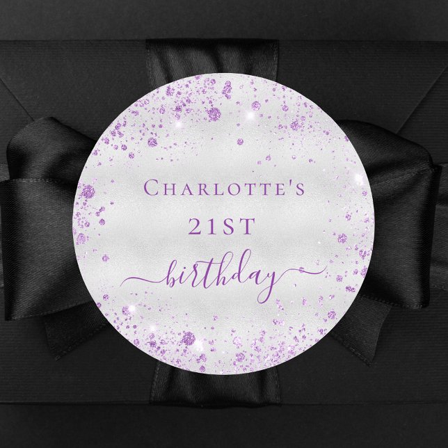 Adesivo Redondo Monograma de poeira roxa prateada de aniversário (Criador carregado)