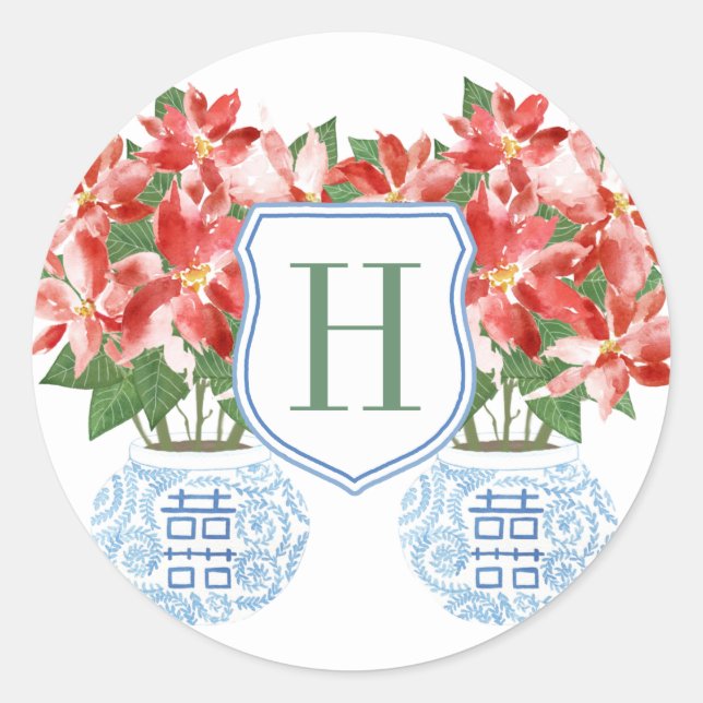 Adesivo Redondo Monograma de Poinsettia Vermelha Festiva Natal (Frente)