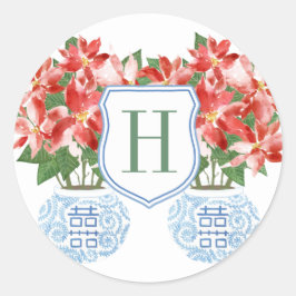 Adesivo Redondo Monograma de Poinsettia Vermelha Festiva Natal