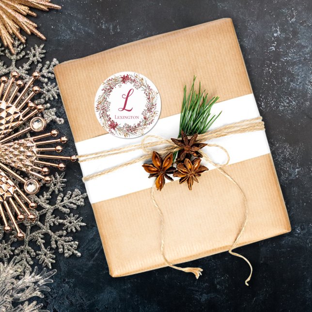 Adesivo Redondo Monograma de Poinsettia Wreath de Natal Elegante (Criador carregado)