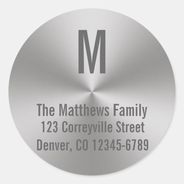 Adesivo Redondo Monograma de Prata Bruta de Metal |Endereço radial (Frente)