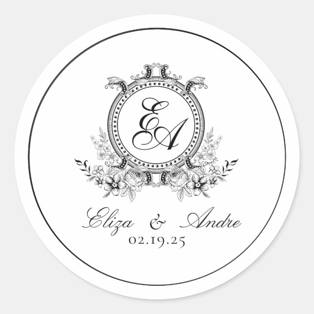 Adesivo Redondo Monograma de repouso preto branco (Frente)