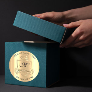 Adesivo Redondo Monograma de retorno Endereço de coroa Dourada