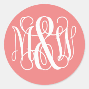 Adesivo Redondo Monograma de Script de Vinha B&G Branco Coral DIY 