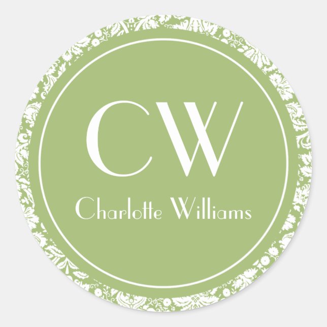 Adesivo Redondo Monograma do Damasco Verde Sage (Frente)