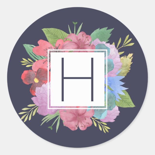Adesivo Redondo Monograma do Marinho de flor selvagem (Frente)