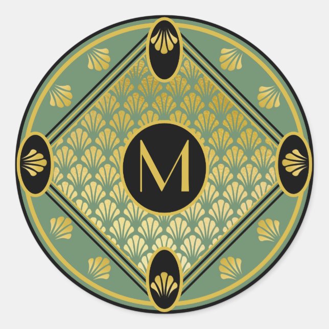 Adesivo Redondo Monograma do padrão do ventilador do Deco de Arte  (Frente)