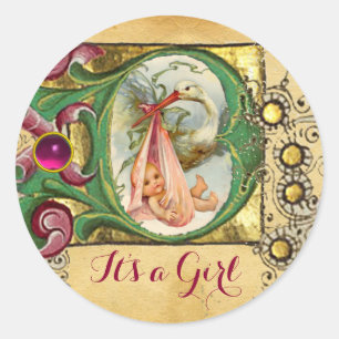 ADESIVO REDONDO MONOGRAMA DO PARCHMENT FLORAL DO CHÁ DE FRALDAS D