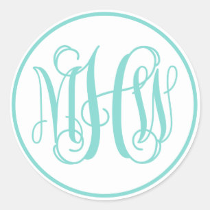 Adesivo Redondo Monograma do Script Vine Turq Branco, DIY BG