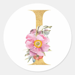 Adesivo Redondo Monograma dourado da letra I com flores