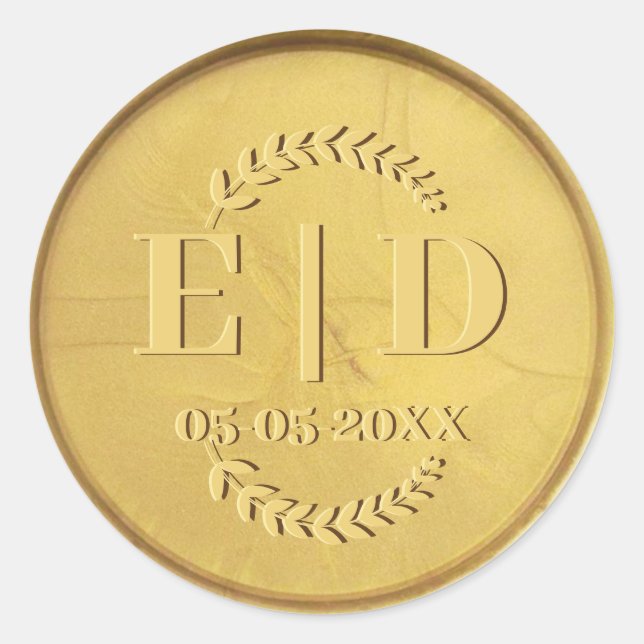 Adesivo Redondo Monograma Dourado Data das Folhas Botânicas Antiga (Frente)