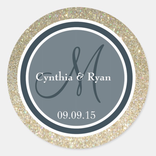 Adesivo Redondo Monograma Dourado de Casamento Azul e Luminoso Esc (Frente)