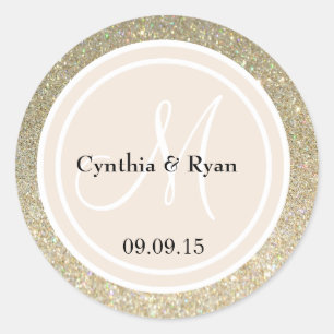 Adesivo Redondo Monograma Dourado de Casamento Glitter e Beige