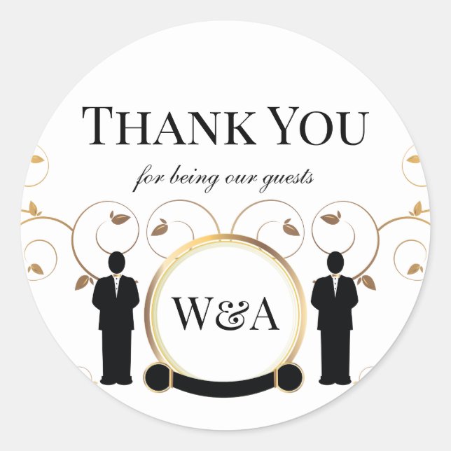 Adesivo Redondo Monograma Dourado de Casamento Masculino LGBTQ (Frente)