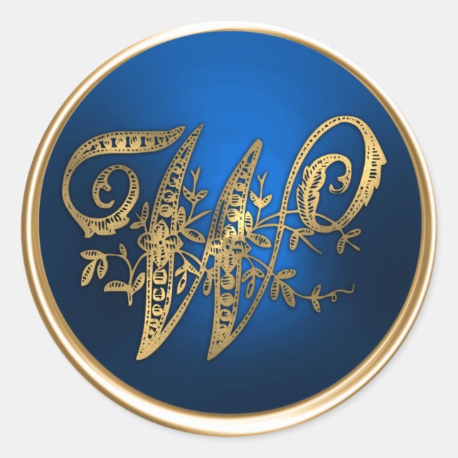 Adesivo Redondo Monograma Dourado e Azul - Selo de Envelope W (Frente)