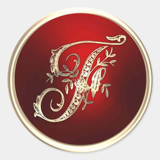 Adesivo Redondo Monograma Dourado e Vermelho F Selo de Envelope (Frente)