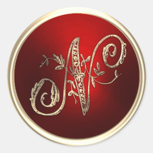 Adesivo Redondo Monograma Dourado e Vermelho N Envelope Selo