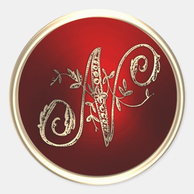 Adesivo Redondo Monograma Dourado e Vermelho N Envelope Selo (Frente)