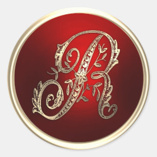 Adesivo Redondo Monograma Dourado e Vermelho R Selo de envelope
