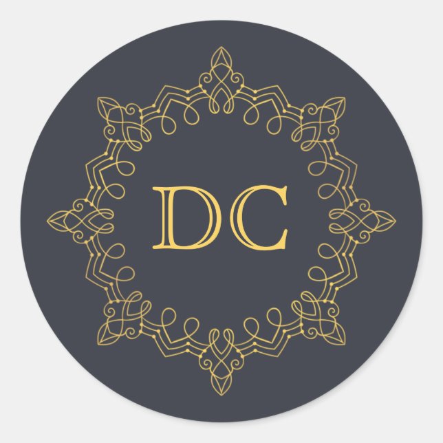 Adesivo Redondo Monograma Dourado Elegante Azul (Frente)