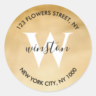 Adesivo Redondo Monograma Dourado Endereço de Devolução Brilho Mod