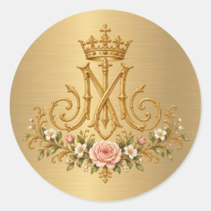 Adesivo Redondo Monograma Dourado Floral Católico Mariano