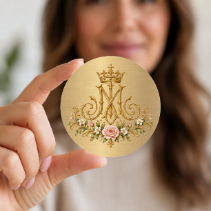 Adesivo Redondo Monograma Dourado Floral Católico Mariano