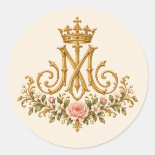 Adesivo Redondo Monograma Dourado Floral Católico Mariano