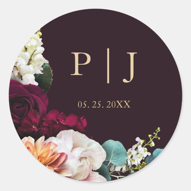 Adesivo Redondo Monograma Dourado Floral Rosa de Outono (Frente)