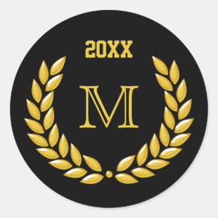 Adesivo Redondo  Monograma Dourado Laurel Wreath em preto