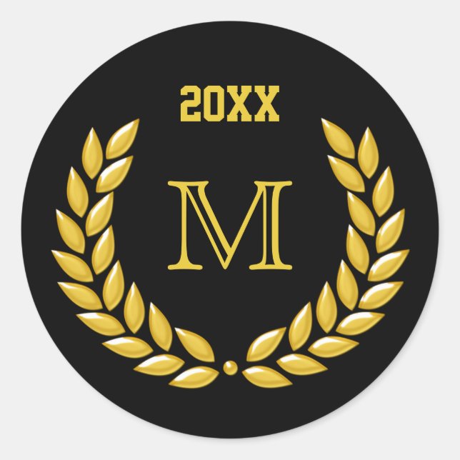 Adesivo Redondo Monograma Dourado Laurel Wreath em preto (Frente)
