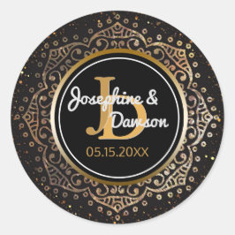 Adesivo Redondo Monograma Dourado Preto | Favor do Mandala Wedding