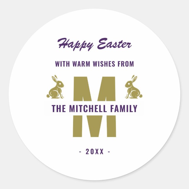 Adesivo Redondo Monograma Dourado Roxo Branco Nome Felz pascoa Bun (Frente)