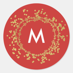 Adesivo Redondo Monograma Dourado Vermelho Natal Decorativo