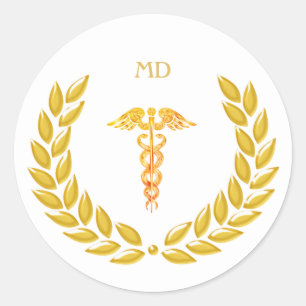 Adesivo Redondo Monograma e Caduceu de Doutor Médico Dourado