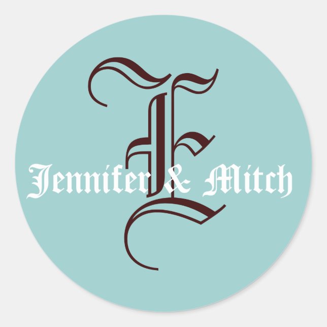 Adesivo Redondo Monograma E Casamento Aqua & Espresso Favor Seal (Frente)
