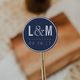 Adesivo Redondo Monograma e Data de Casamento do Marinho Moderno N