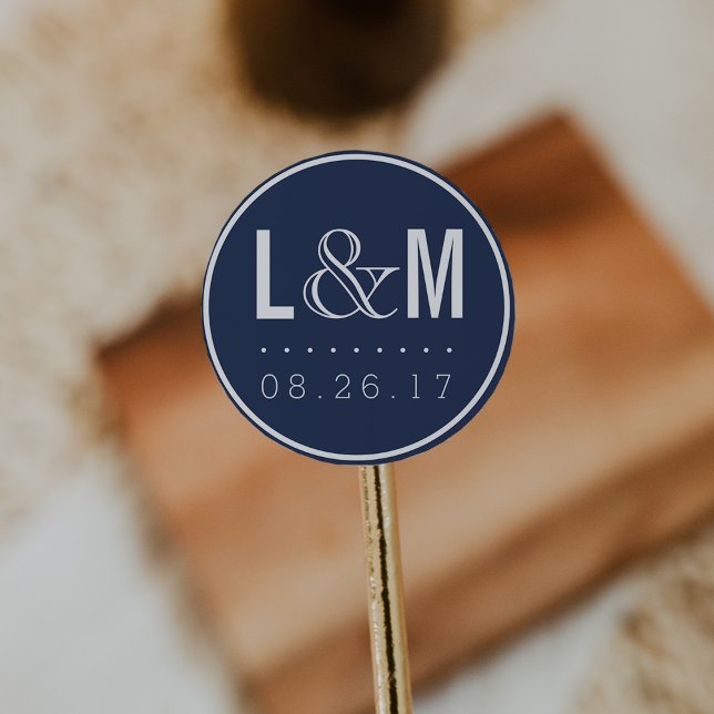 Adesivo Redondo Monograma e Data de Casamento do Marinho Moderno N (Criador carregado)