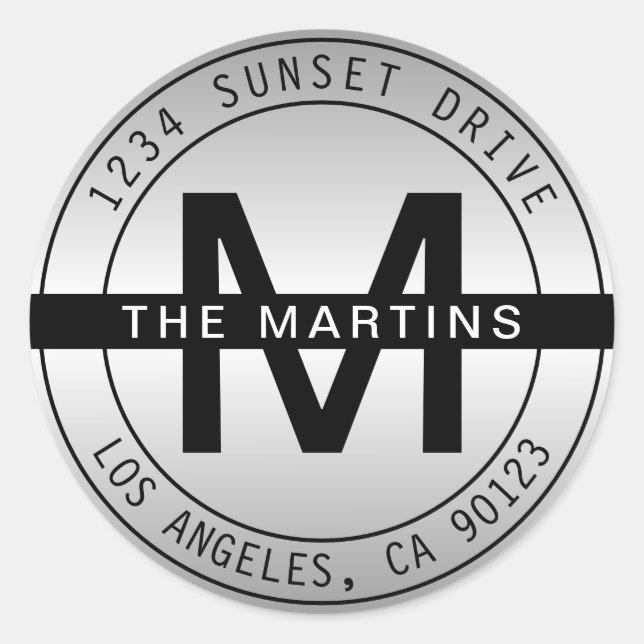 Adesivo Redondo Monograma e Endereço Circular Moderno | Cinzas de  (Frente)