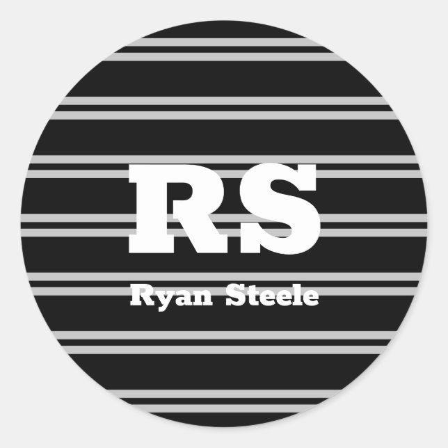 Adesivo Redondo Monograma e Nome Branco Negrito, Linhas Cinzas Sec (Frente)