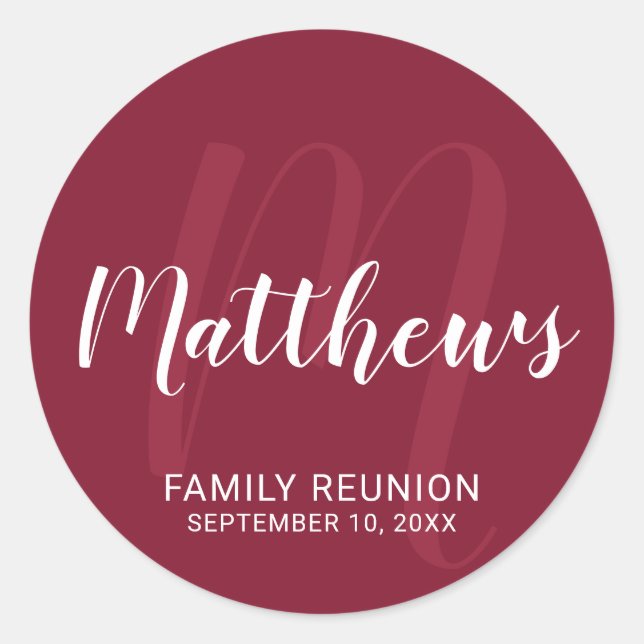 Adesivo Redondo Monograma e Nome da Família de Script Moderno Pers (Frente)