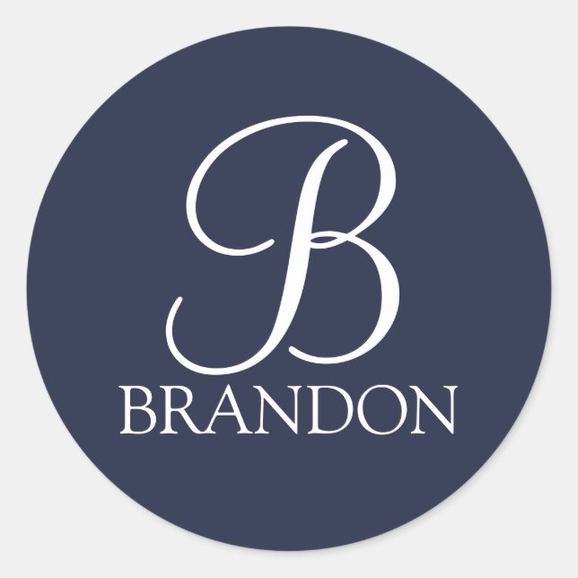 Adesivo Redondo Monograma e Nome de Script Personalizado Azul-mari (Frente)