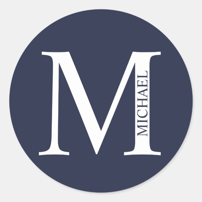Adesivo Redondo Monograma e Nome Personalizados Azul-marinho (Frente)
