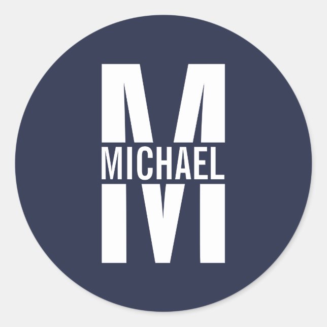 Adesivo Redondo Monograma e Nome Personalizados Azul-marinho (Frente)