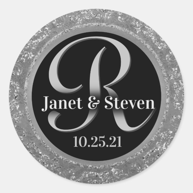 Adesivo Redondo Monograma e Nomes Silver Glam Seal (Frente)