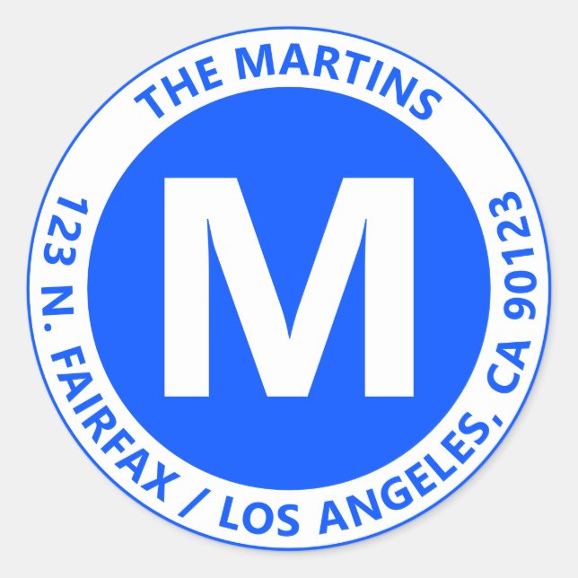 Adesivo Redondo Monograma e Texto Azul e Branco Moderno Muito Negr (Frente)