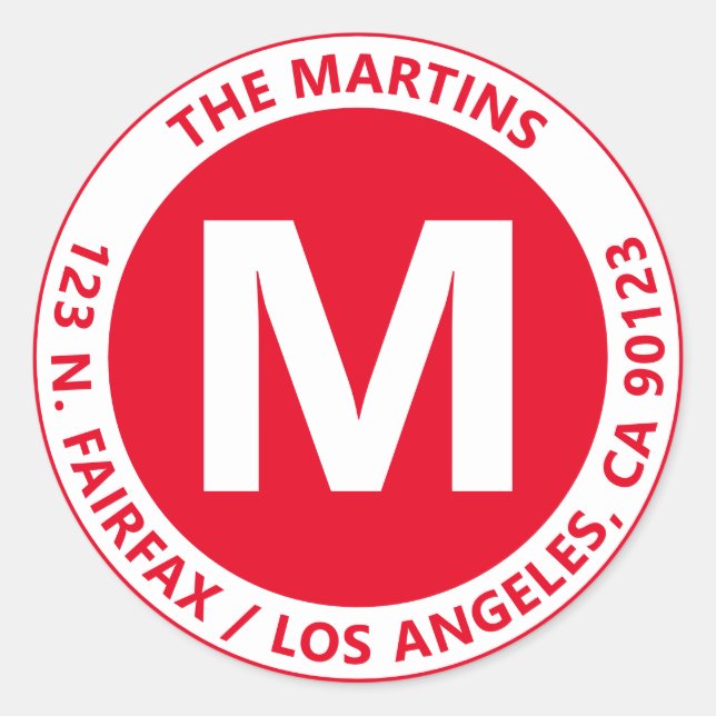 Adesivo Redondo Monograma e Texto Moderno Vermelho e Branco Muito  (Frente)