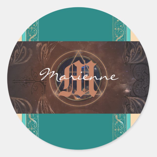 Adesivo Redondo Monograma elegante barroco alquimista medieval (Frente)